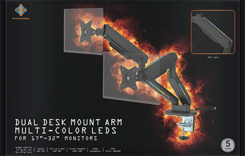 DELTACO GAMING Premium RGB Dual Monitor Arm, Remote Controller, Black