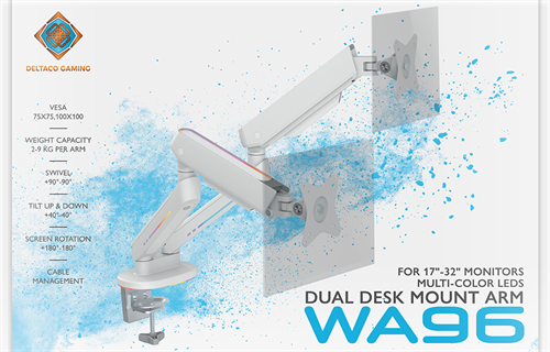 WHITE LINE Premium Gaming Dual Monitor Arm With RGB Light, White