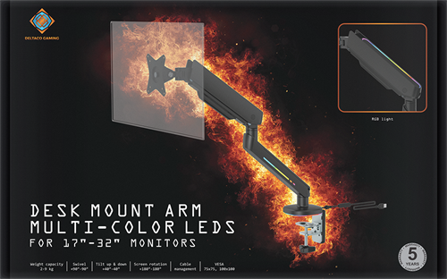 DELTACO GAMING Premium RGB Single Monitor Arm, Remote Controller,black
