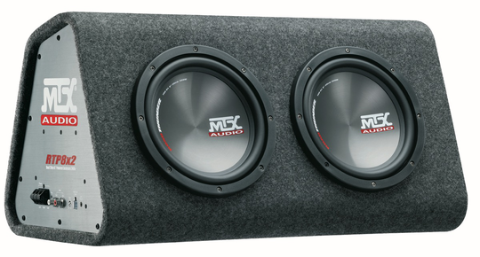 MTX RTP8x2 Aktiivinen 8" kaksoissubwoofer, jossa on sisäänrakennettu D-luokan vahvistin.