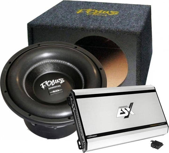 Focus Acoustics Black 12D2 + kotelo + ESX Audio 2000.1D vahvistin
