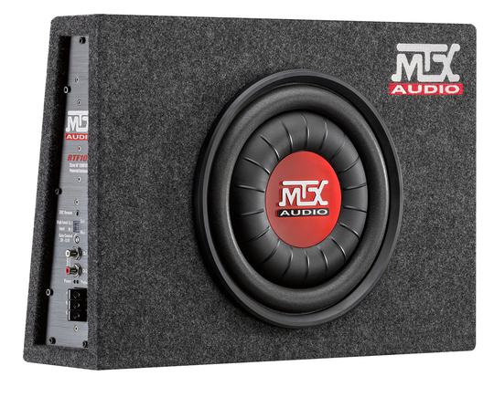 MTX RTF10P Tilaa säästävä aktiivinen subwoofer, jossa on sisäänrakennettu D-luokan vahvistin.